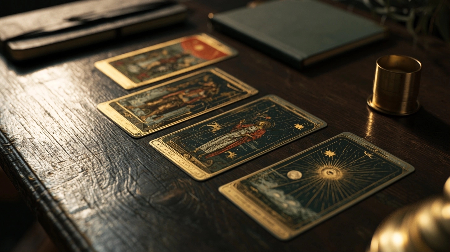 Quatre arcanes majeurs alignés sur une table sombre