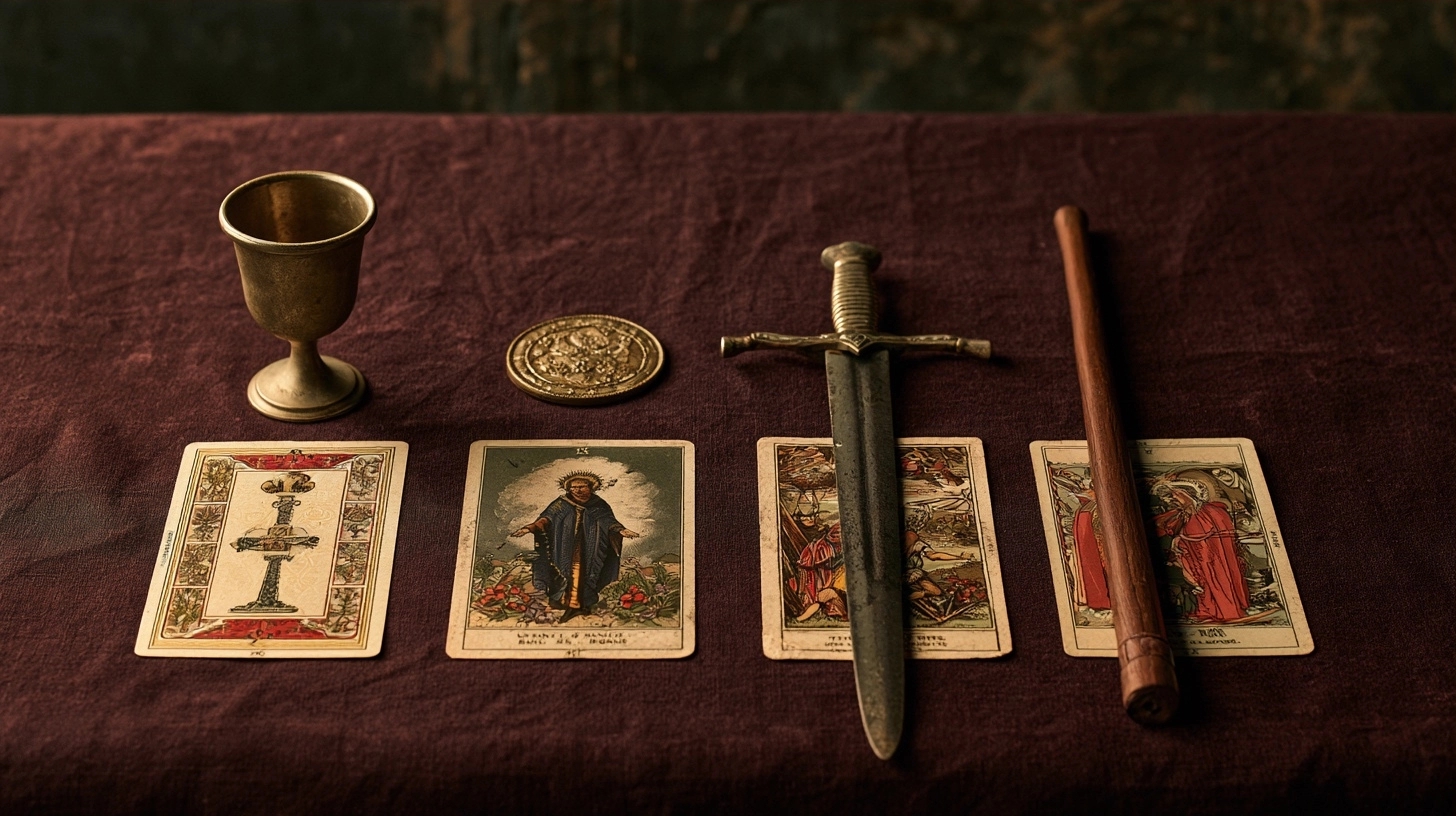 Une coupe, un denier, une épée et un bâton disposés près de cartes de tarot