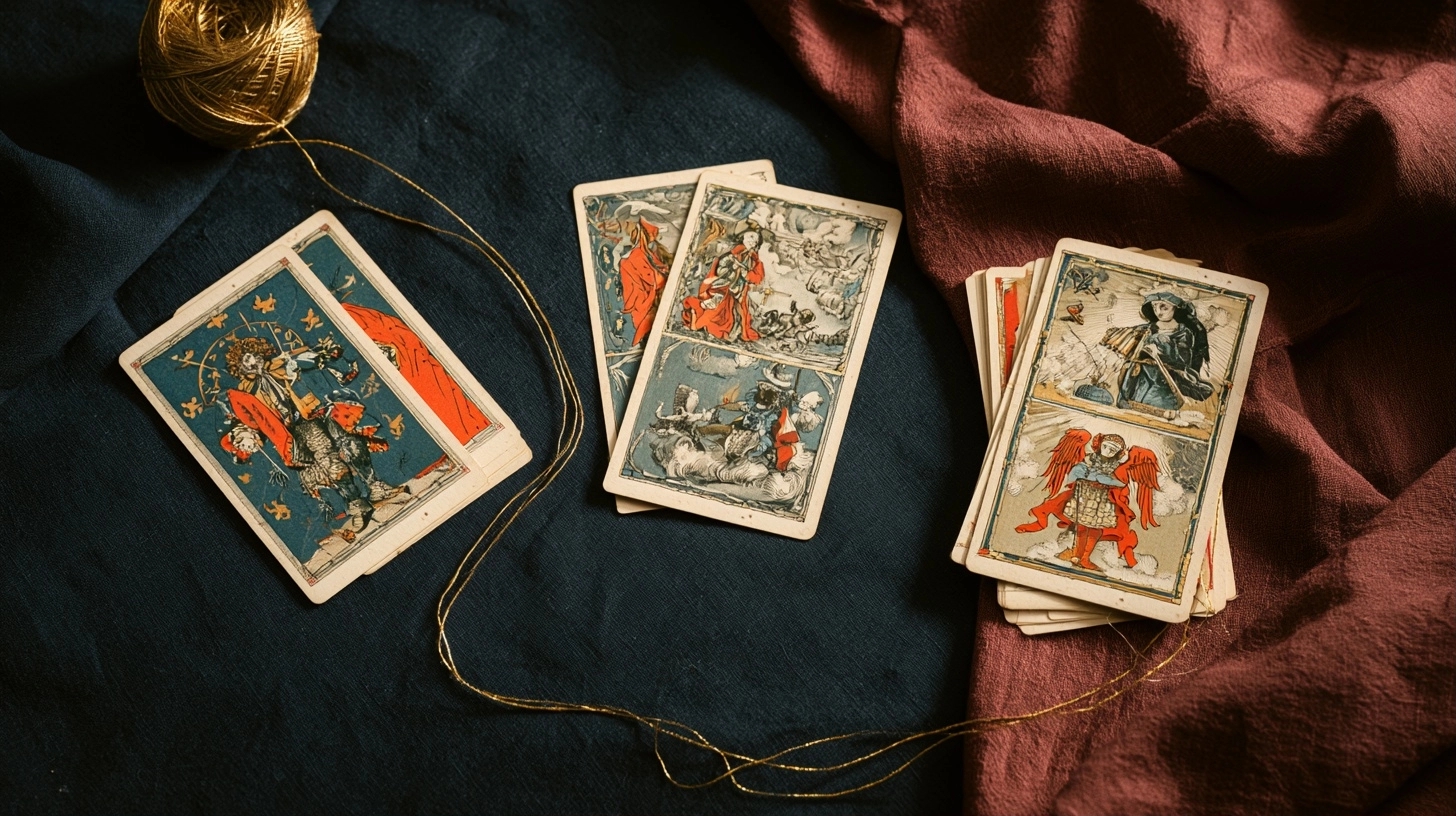 Trois groupes de cartes de tarot reliés par un fil doré
