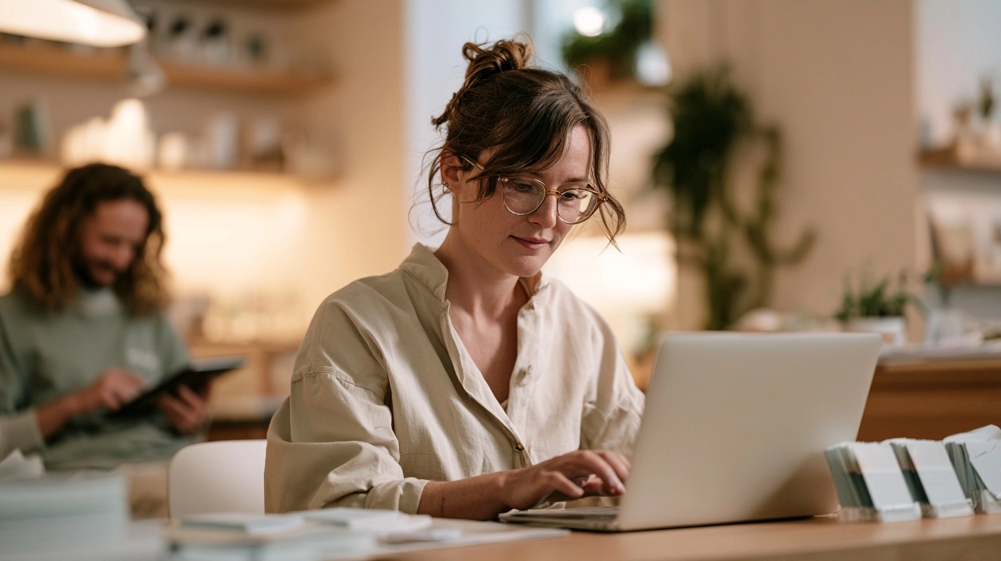 Une praticienne identifiable répond à un courrier électronique depuis son bureau