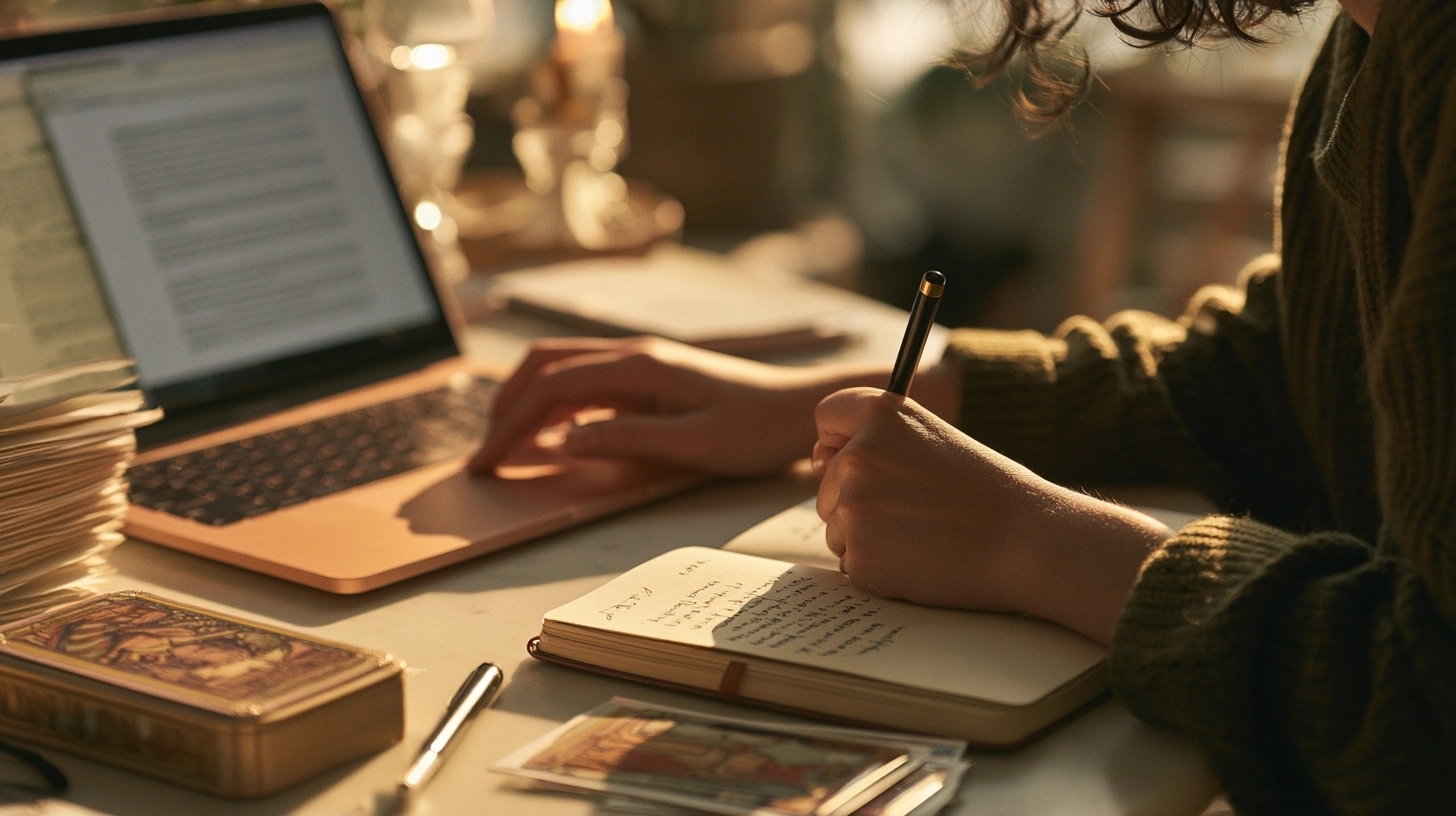 Une personne compare une offre sur ordinateur et prend des notes dans un carnet
