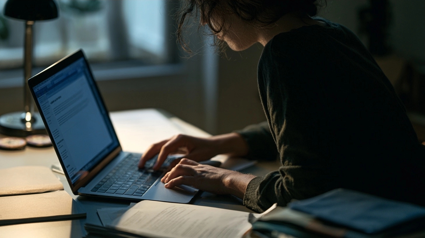 Une personne rédige un message sur ordinateur en gardant ses documents personnels à part