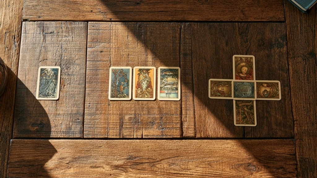 Trois formats de tirage tarot : une carte, trois cartes et croix
