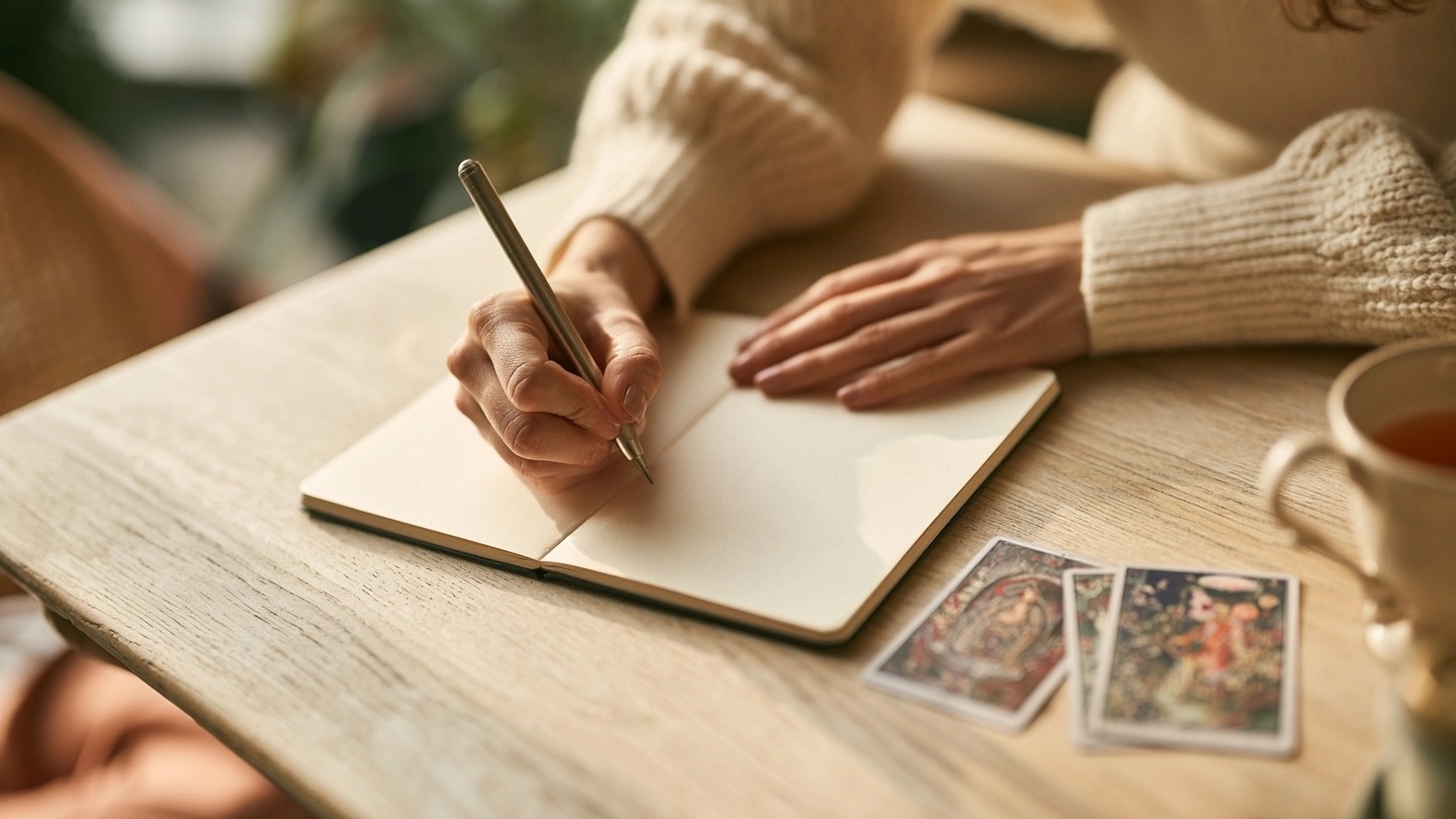 Personne écrivant dans un carnet près de cartes de tarot
