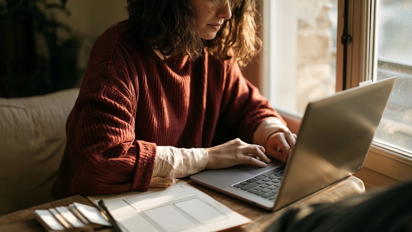 Femme relisant un message sur un ordinateur près d’une fenêtre