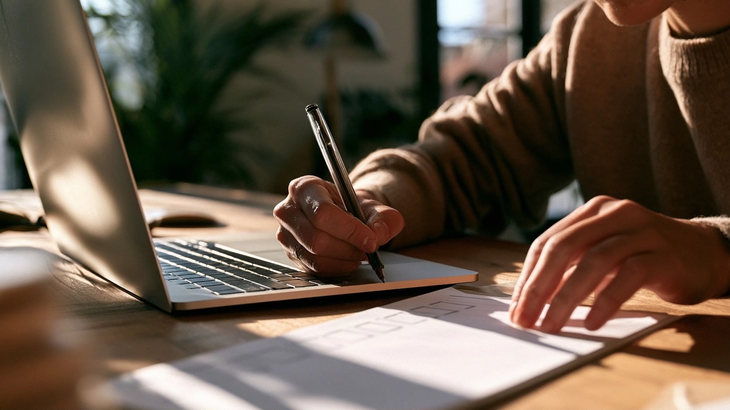 Personne utilisant une checklist devant un ordinateur avant de donner son adresse mail
