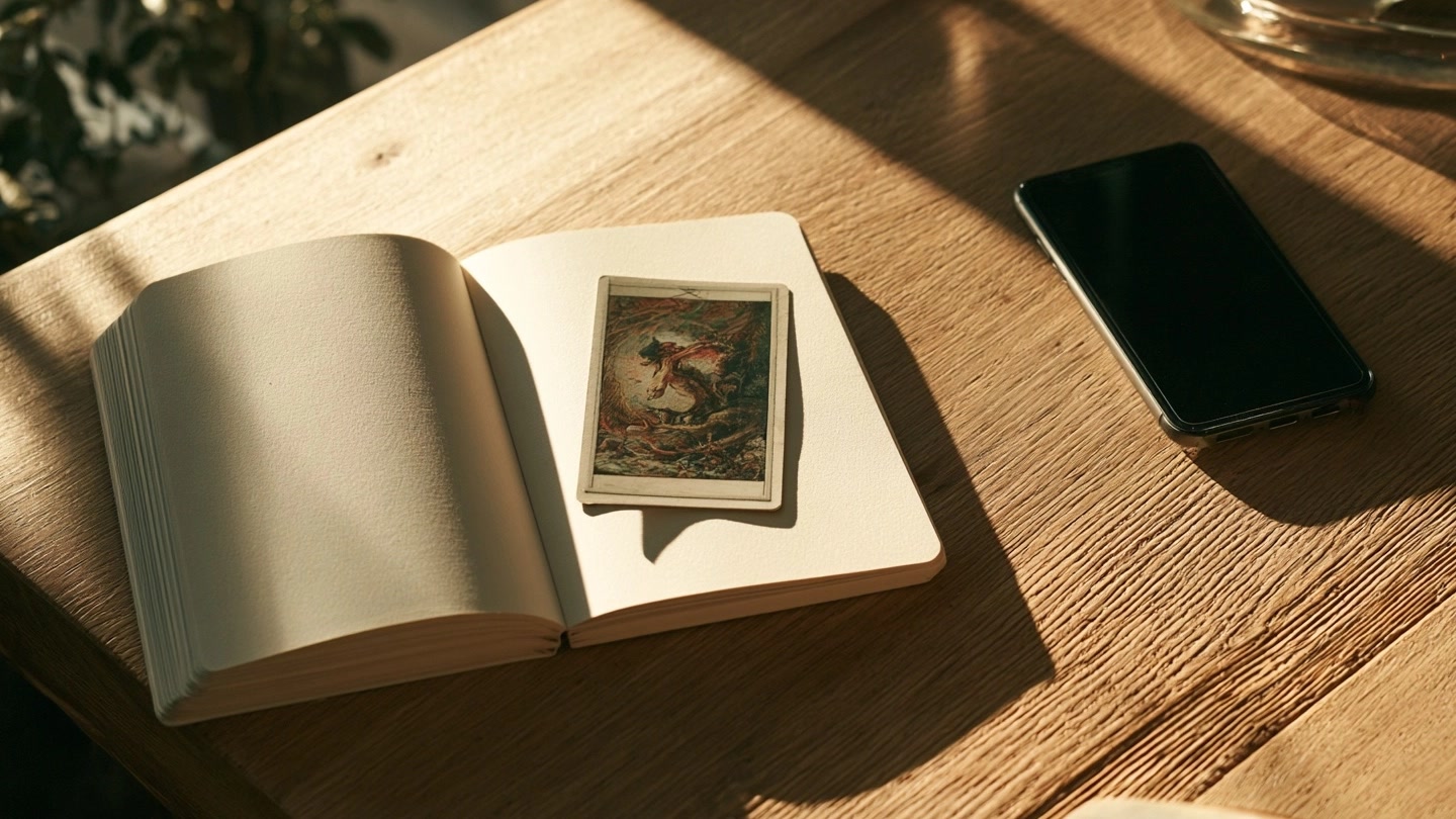 Carnet ouvert, carte de tarot et téléphone posé à distance sur une table