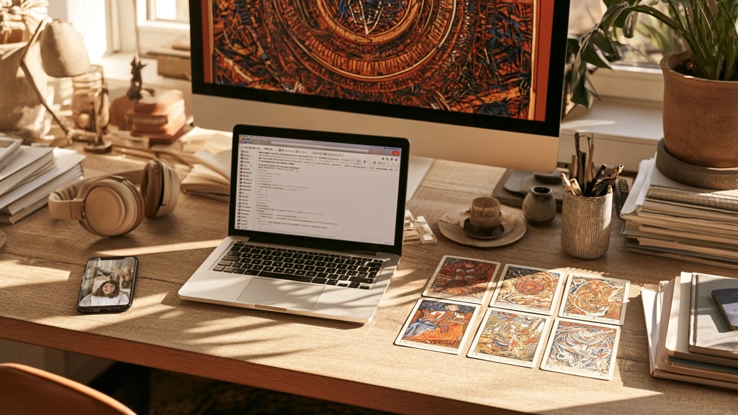 Bureau avec ordinateur, téléphone, casque audio et cartes de tarot