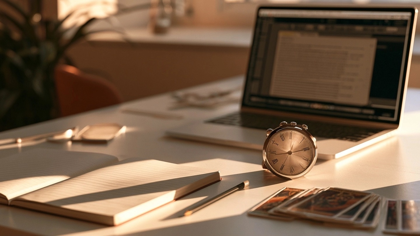 Un ordinateur, une horloge, un carnet et des cartes illustrent la vérification d’un délai.
