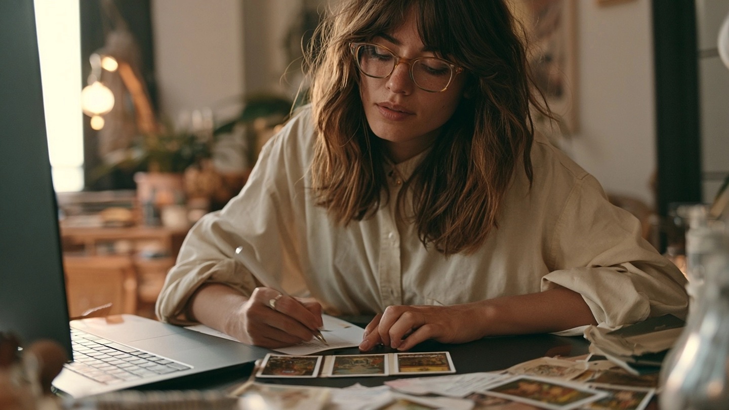 Une praticienne rédige une réponse après avoir disposé trois cartes de tarot.