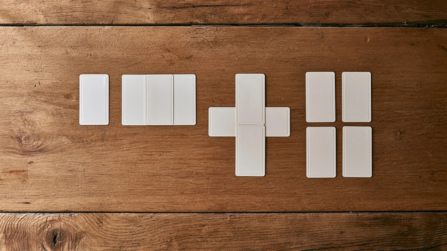 Quatre dispositions montrent une carte, trois cartes, un tirage en croix et un tirage relationnel.