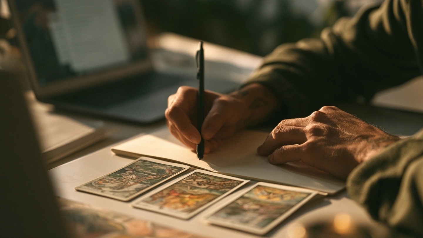 Une personne prend des notes devant exactement trois cartes de tarot alignées.