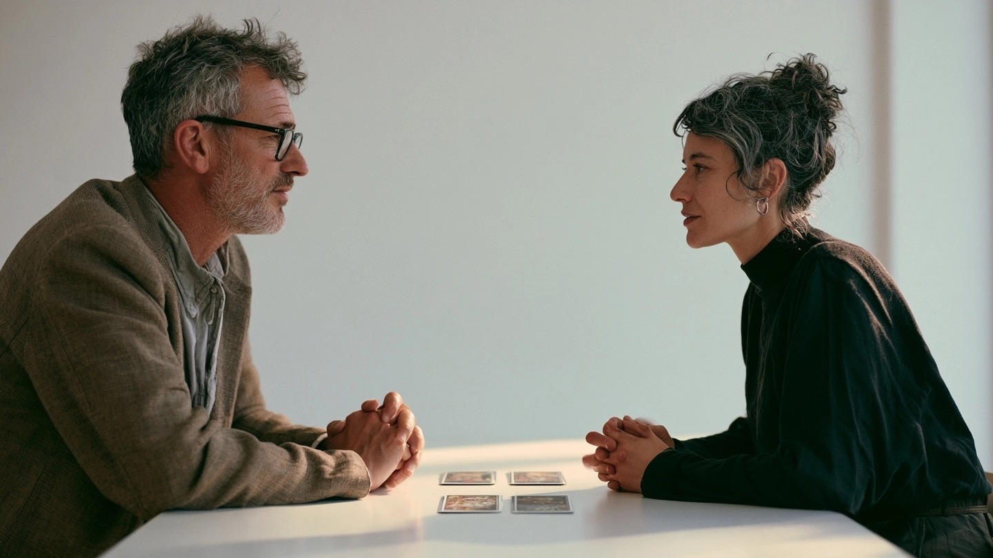 Deux adultes échangent calmement devant deux groupes de cartes posés sur une table.