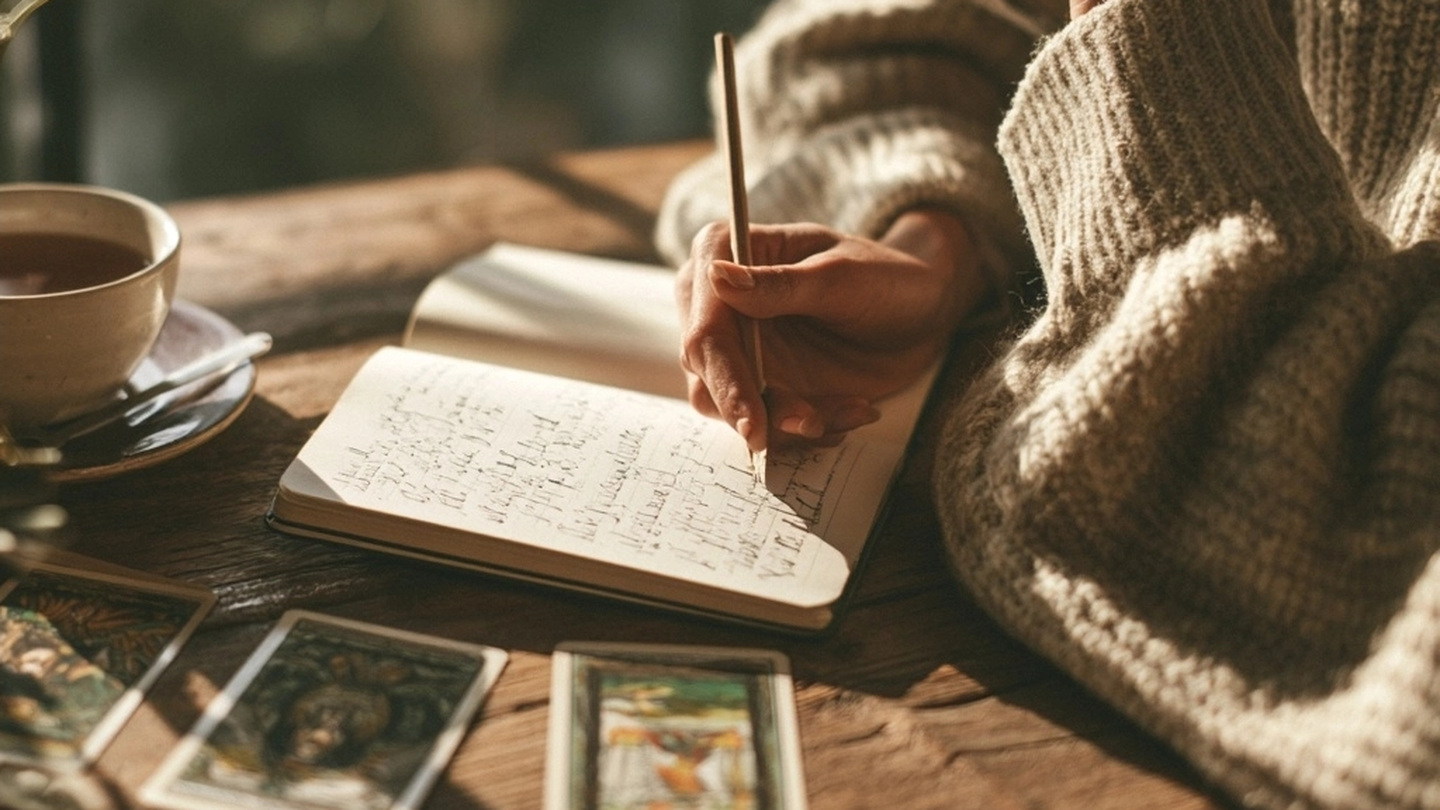 Femme écrivant dans un carnet à côté de cartes de tarot et d’une tasse de thé