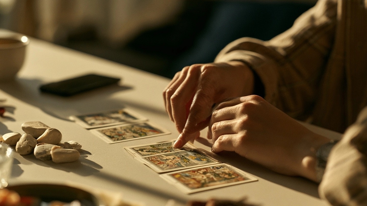 Une personne sépare des galets et des cartes de tarot sur une table.