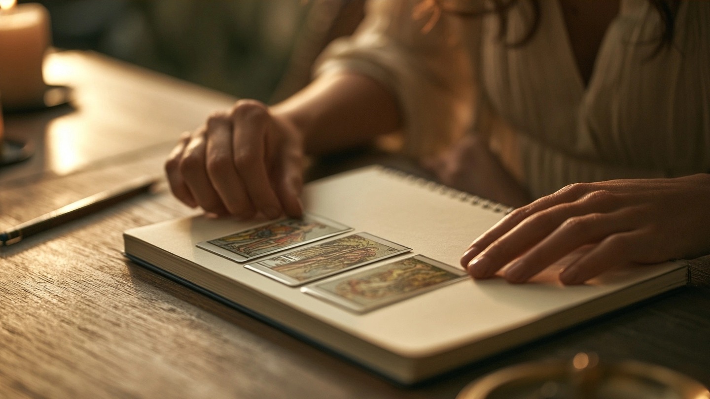 Trois cartes de tarot sont disposées sur un carnet fermé.