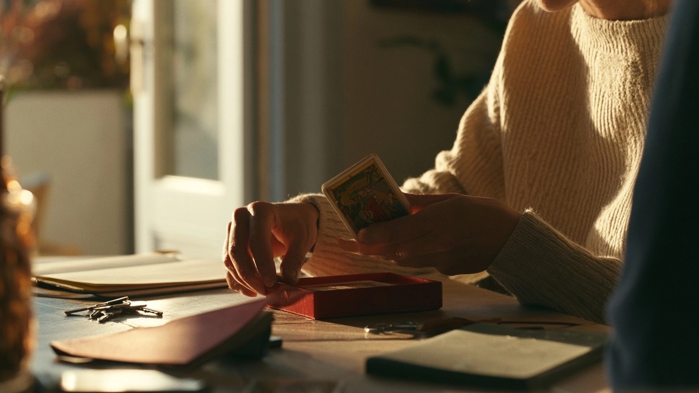 Une personne range une carte de tarot dans une boîte rouge près de ses clés.