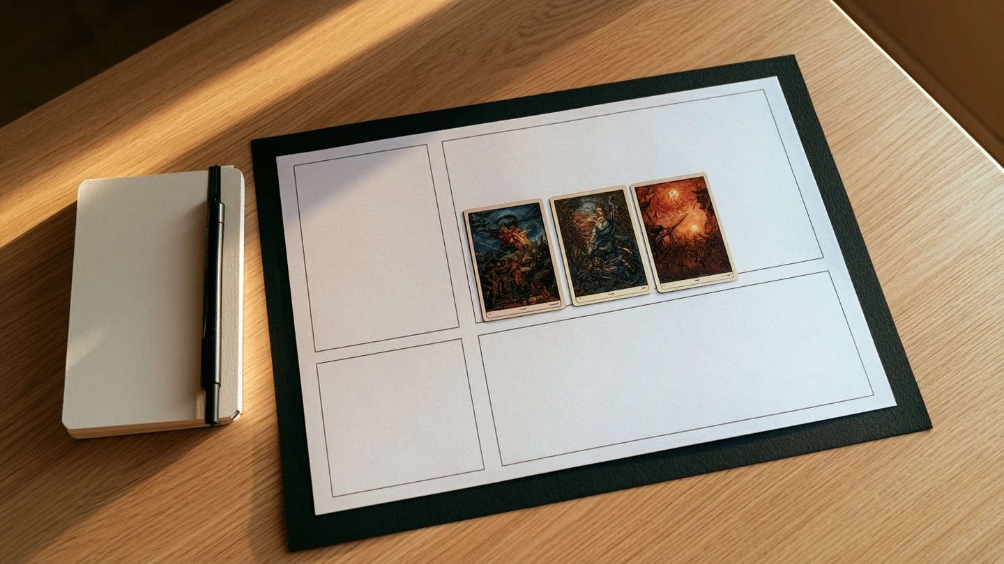 Trois cartes sont alignées sur une feuille organisée en plusieurs zones.