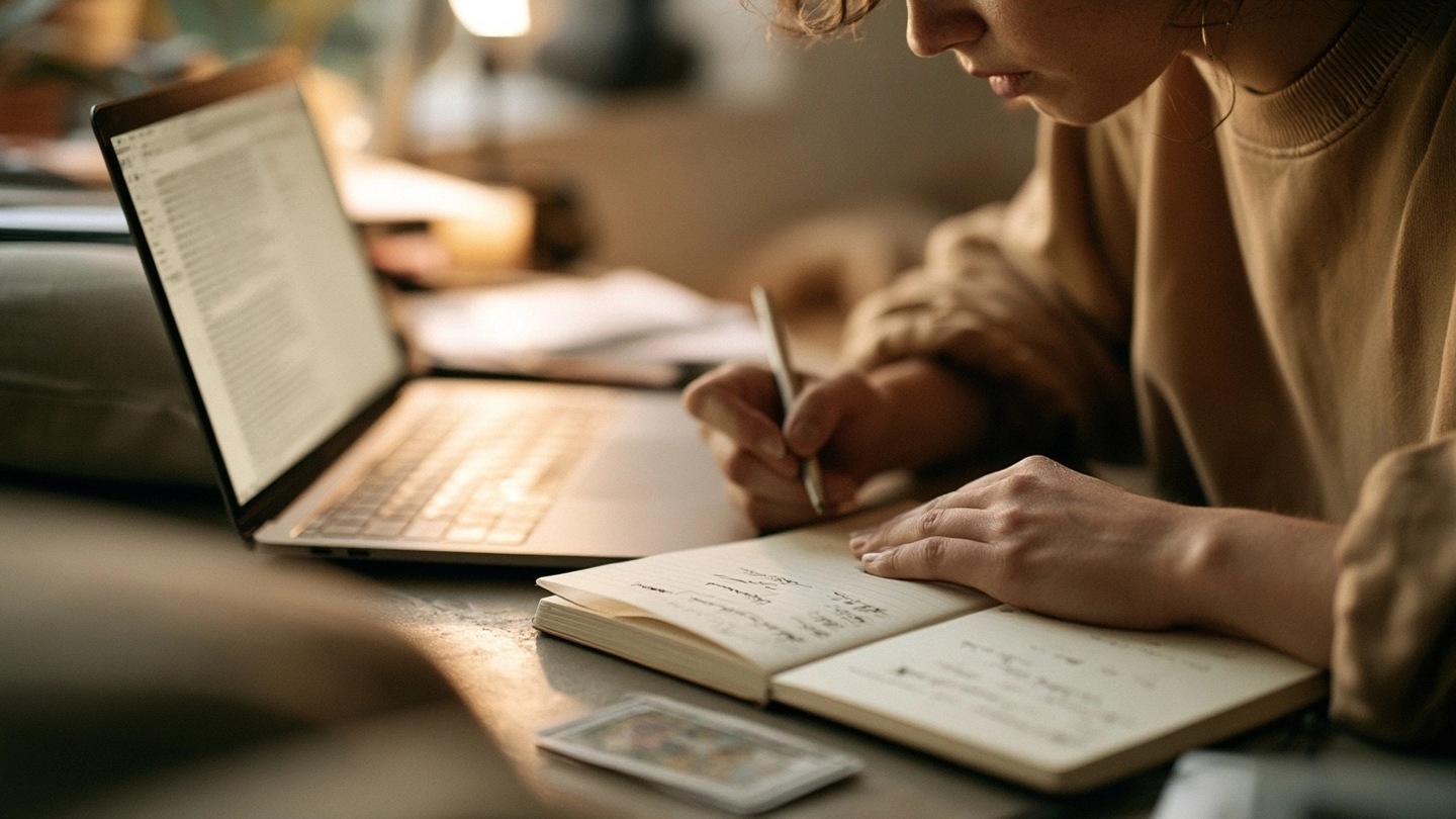 Une personne relit un message sur ordinateur tout en prenant des notes dans un carnet.