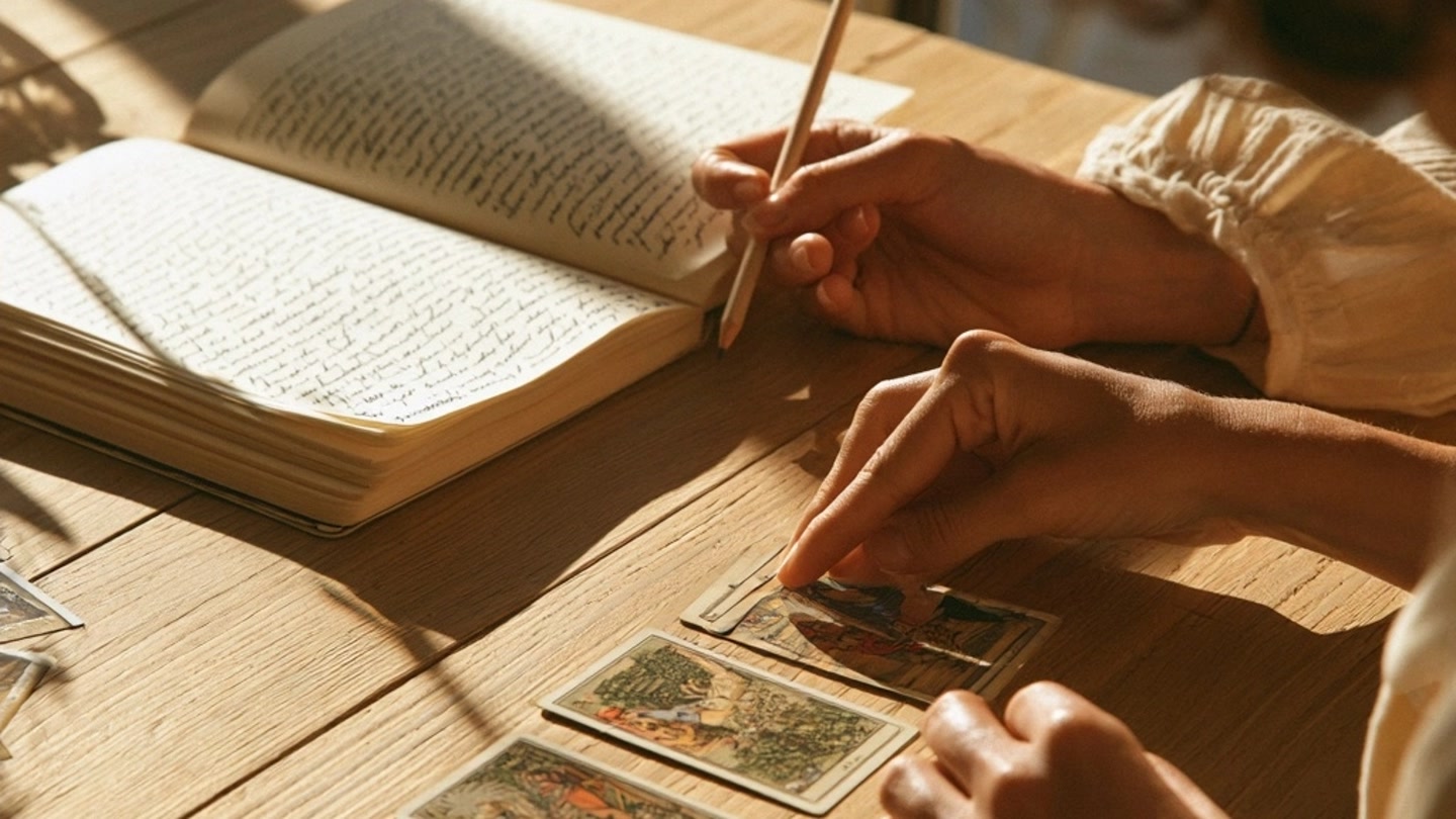 Mains reliant les cartes d’un tirage aux notes d’un carnet
