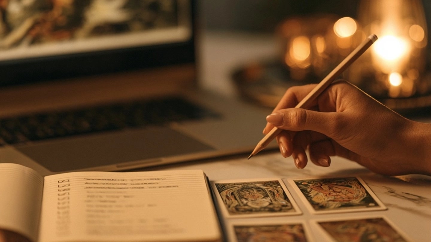 Main annotant un carnet à côté de cartes de tarot et d’un ordinateur