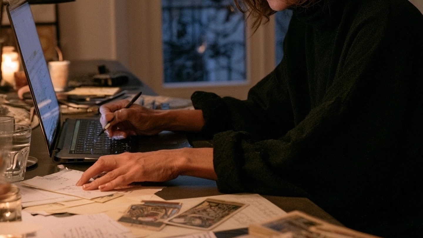 Personne triant ses notes et quelques cartes avant d’écrire sur un ordinateur