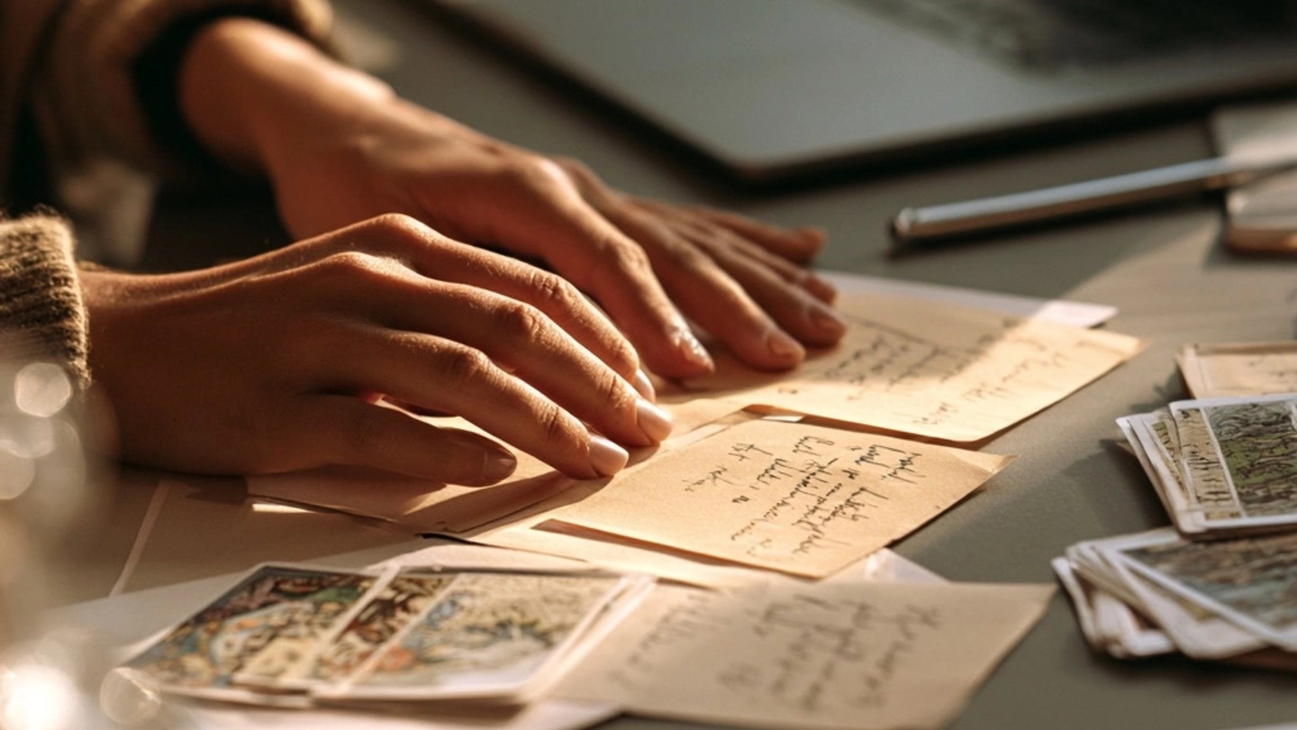 Mains organisant des notes et des cartes sur une table de travail