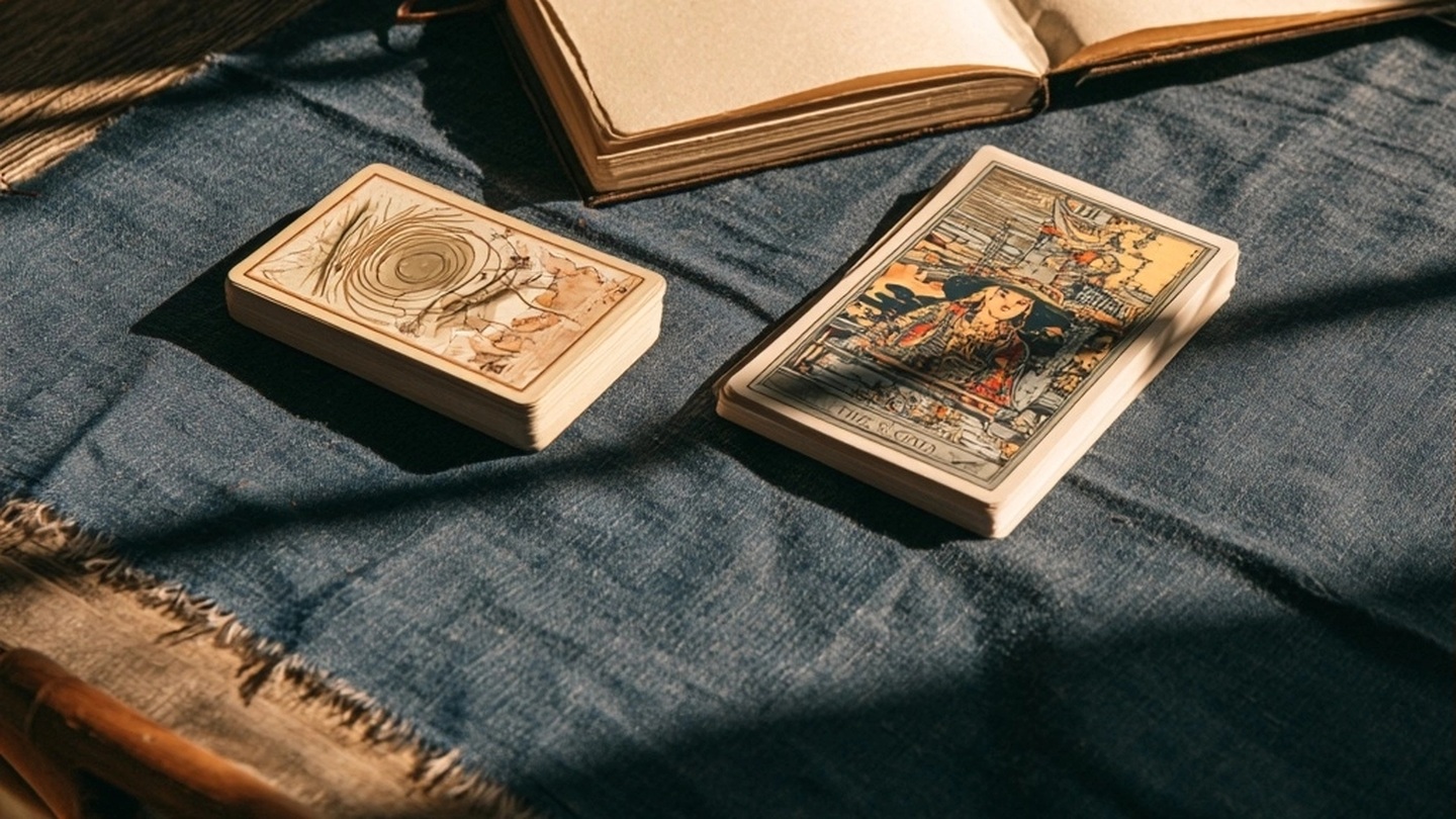 Deux jeux de cartes distincts posés devant un carnet ouvert