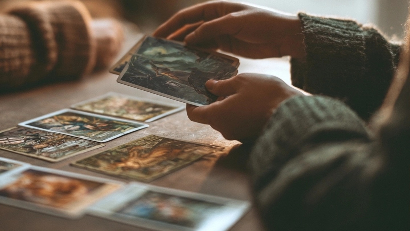 Personne examinant plusieurs jeux d’oracle illustrés sur une table