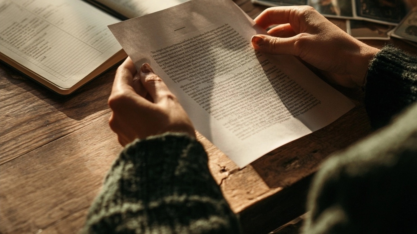 Personne relisant une feuille à côté d’un carnet et de cartes d’oracle