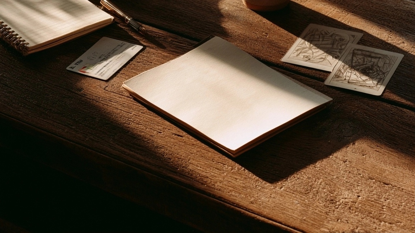 Carnets, fiche et cartes de tarot disposés sur un bureau en bois