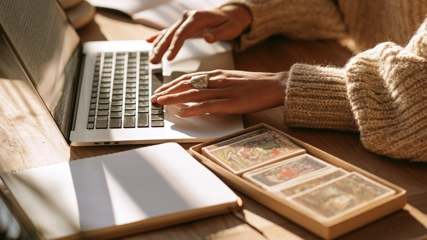 Femme préparant un mail sur ordinateur près d’un carnet et d’un jeu de tarot rangé