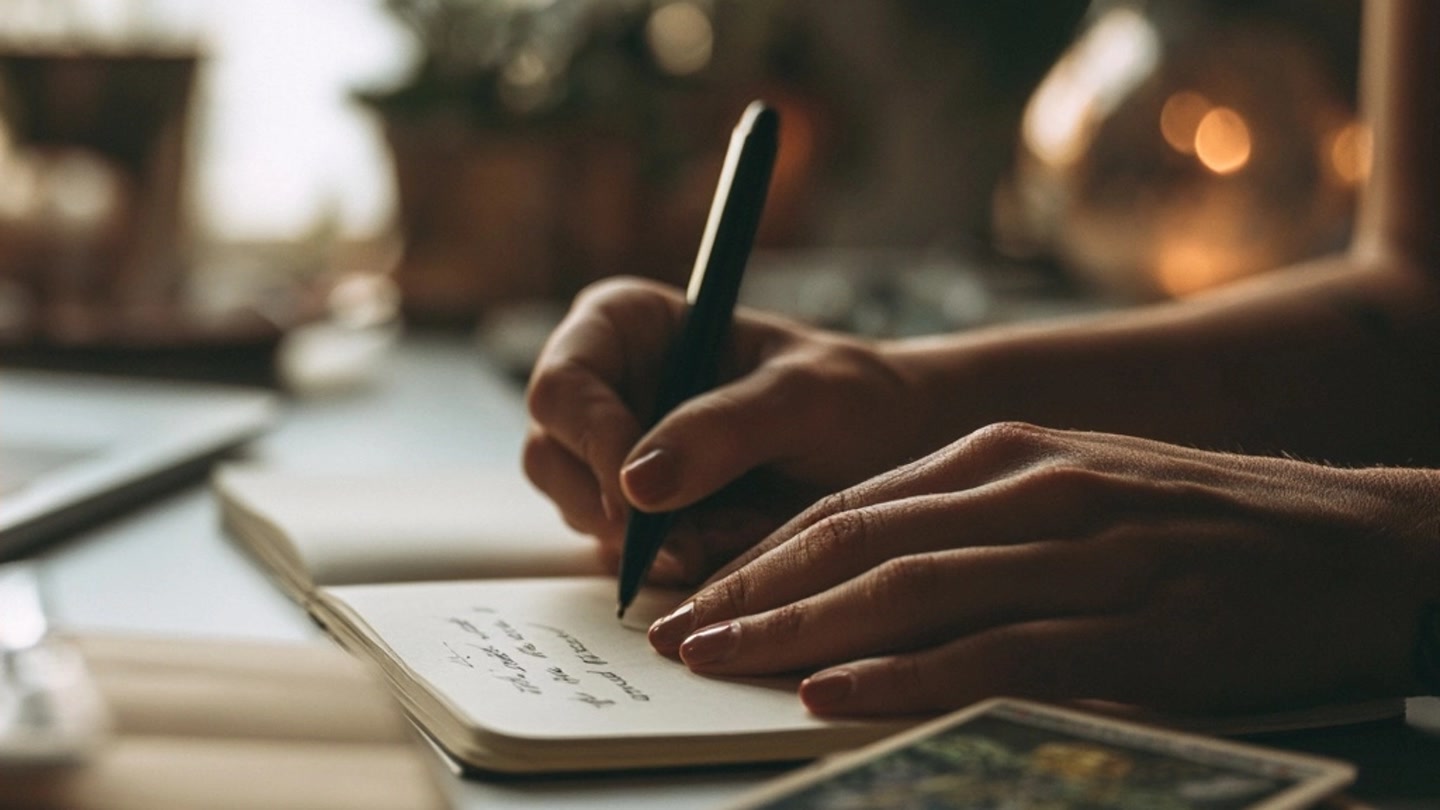 Main écrivant une question dans un carnet à côté de cartes de tarot