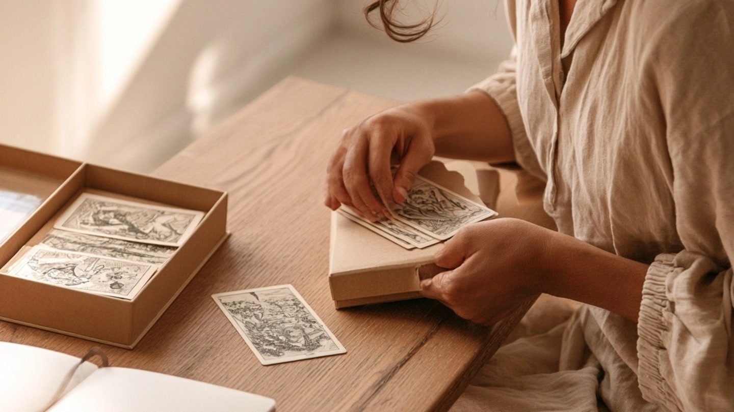 Personne rangeant des cartes de tarot dans leur boîte pour faire une pause