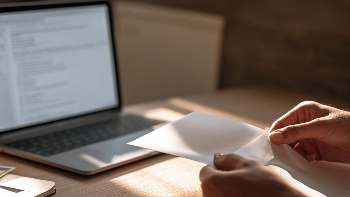 Personne retirant un document personnel devant un ordinateur avant un envoi par mail