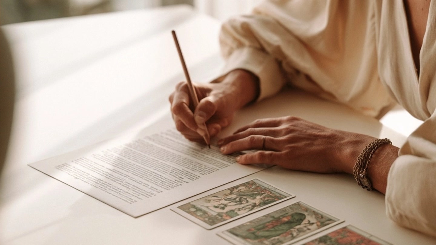 Personne relisant un exemple de réponse à côté de trois cartes de tarot