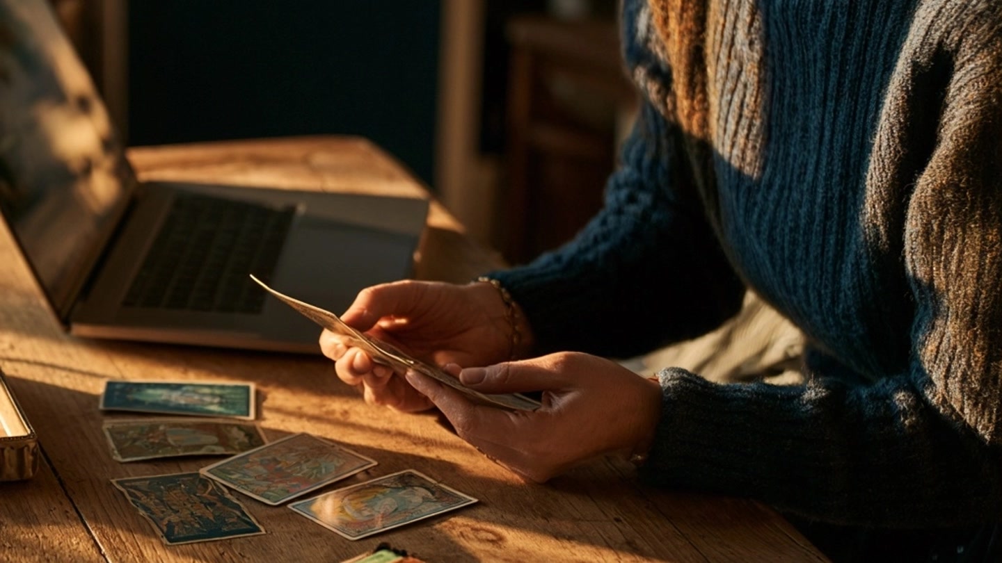 Personne examinant des cartes de tarot près d’un ordinateur portable