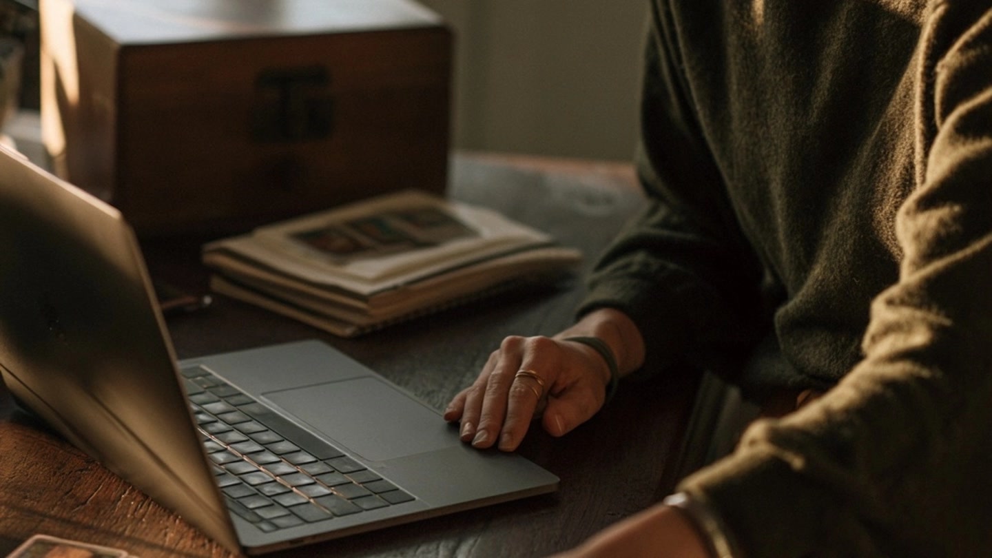 Personne utilisant un ordinateur près de documents rangés dans une boîte