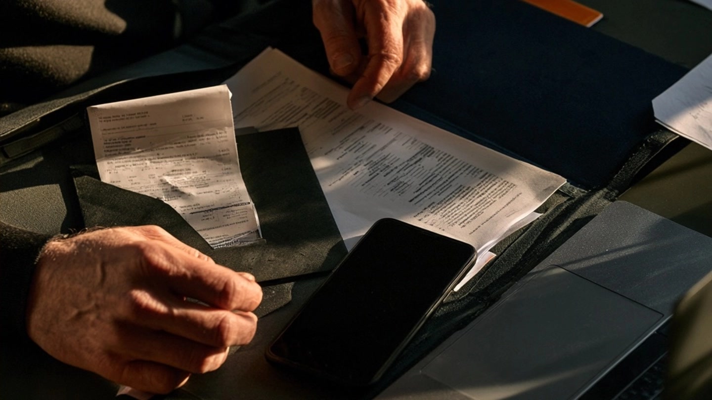 Personne classant un reçu et des documents avec un téléphone et un ordinateur