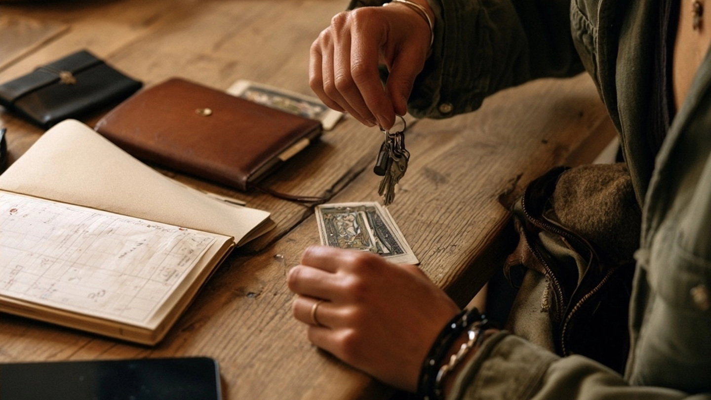 Personne rangeant des clés près d’un carnet et de cartes sur une table