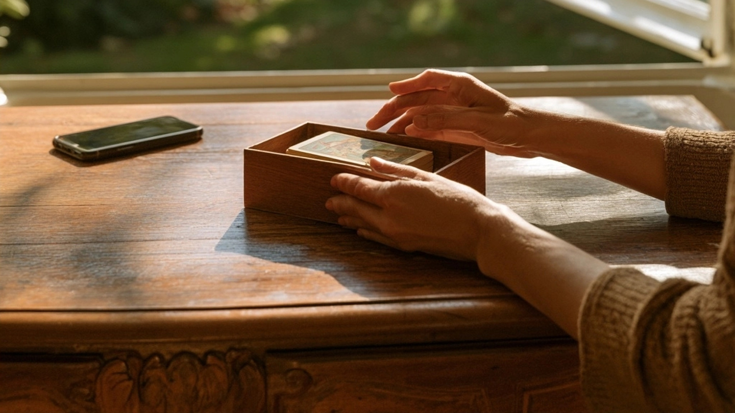 Mains refermant une boîte de tarot devant une fenêtre ouverte sur un jardin