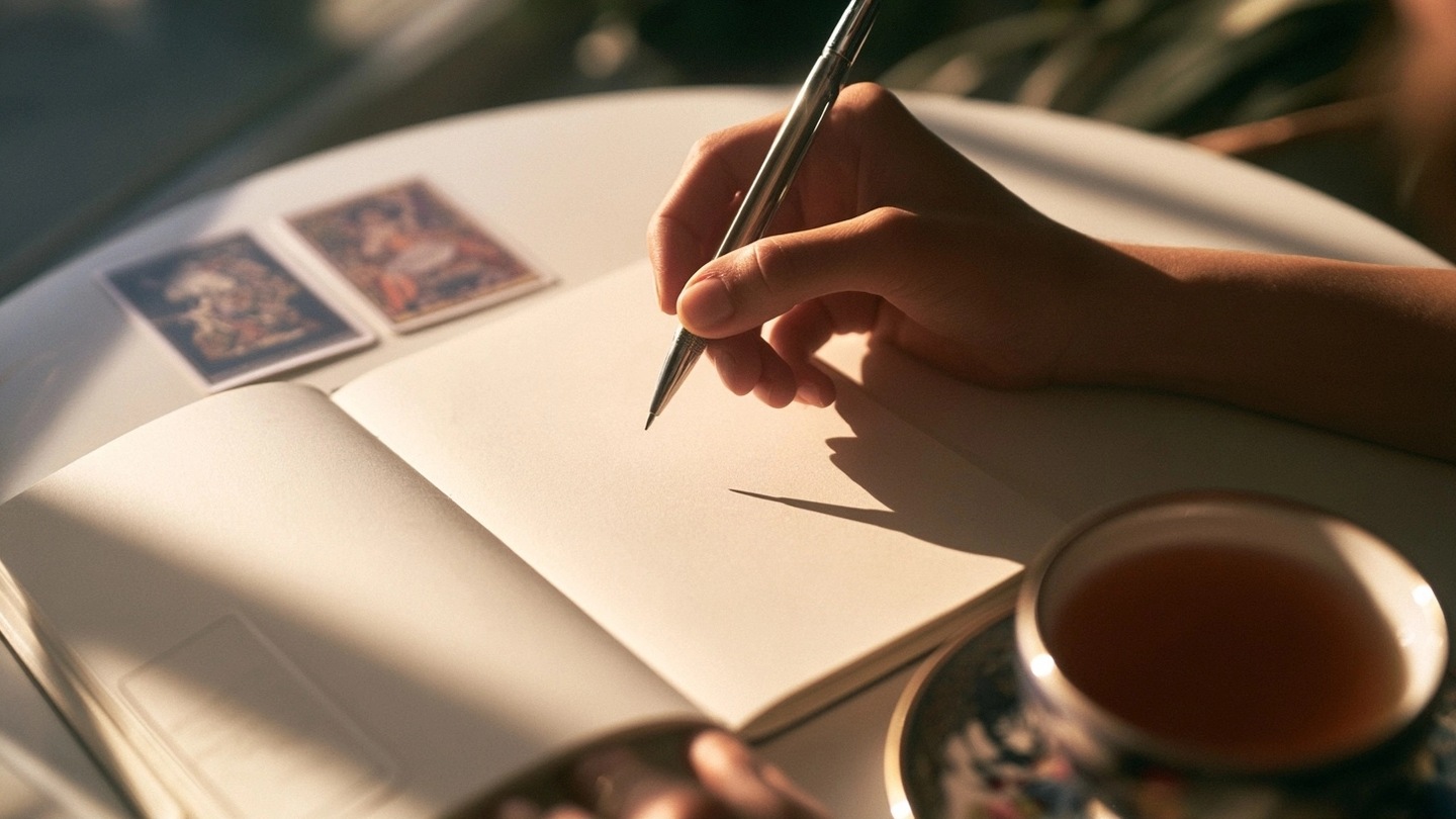 Main tenant un stylo au-dessus d’un carnet vierge avec deux cartes de tarot