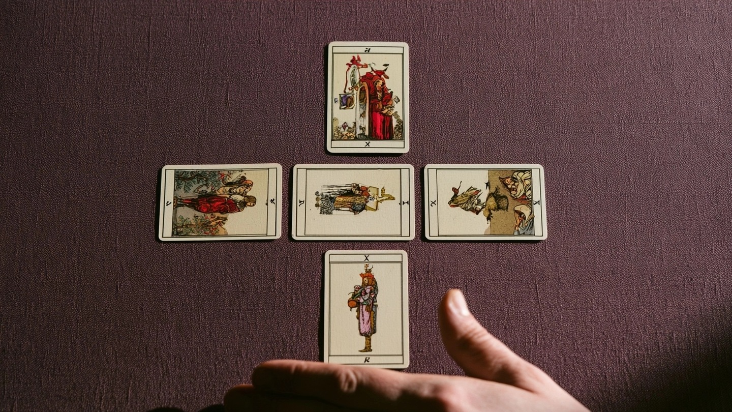 Cinq cartes de tarot disposées en croix sur un tissu prune