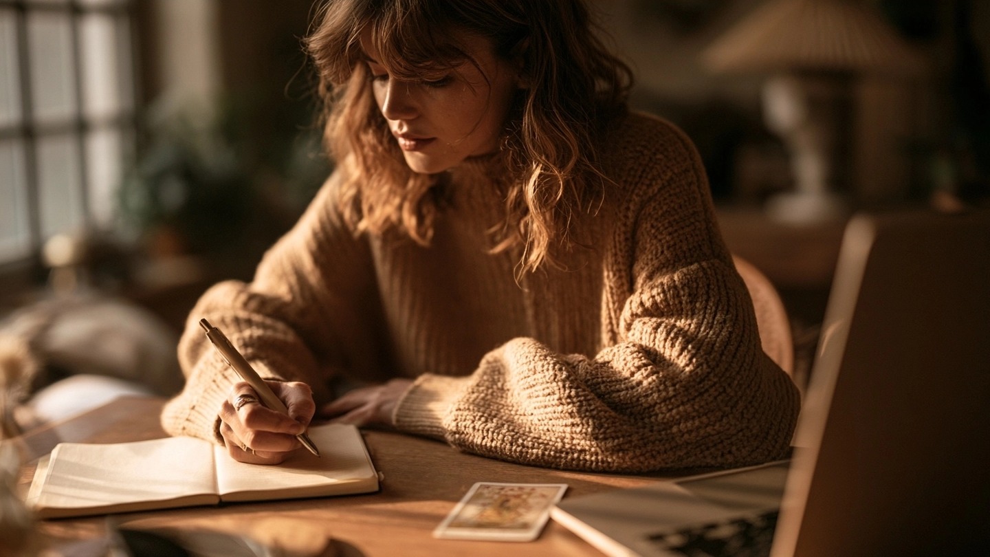Femme rédigeant une question dans un carnet près d’un ordinateur portable
